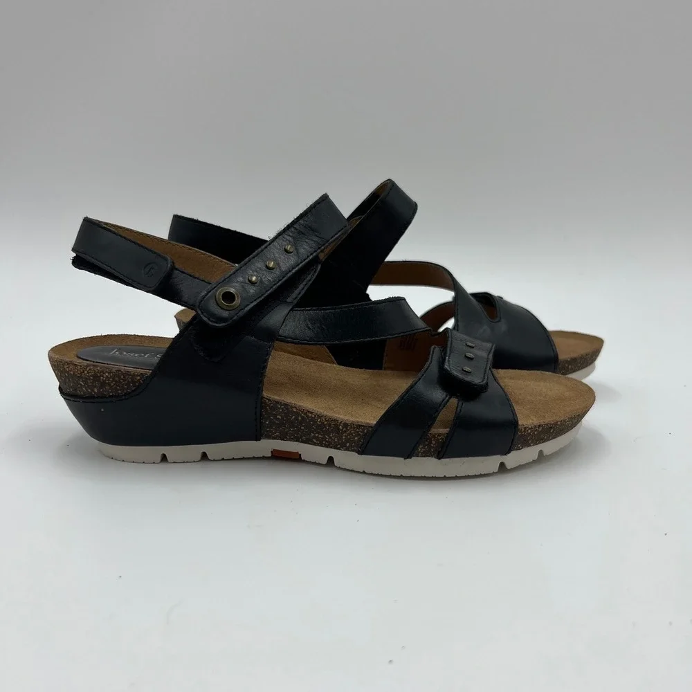 Josef Seibel Rosalie 33 Black Leather Strappy Wedge Sandals EU 37 US 6.5 Comfort